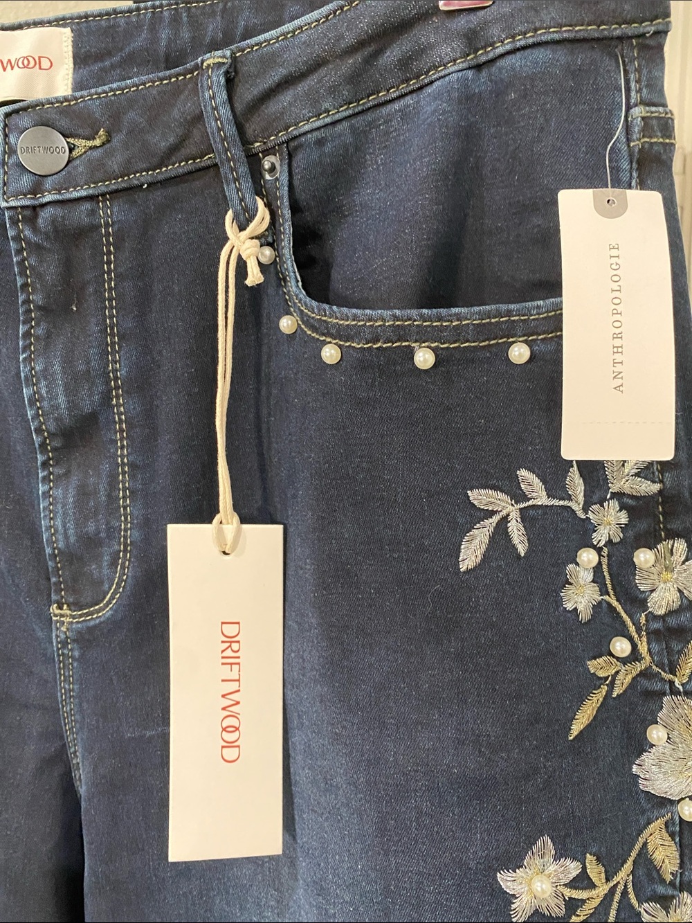 Driftwood Anthropologie Embroidered Wide-Leg Dark Blue Women’s Jeans W33” L32.5” - Picture 5 of 8